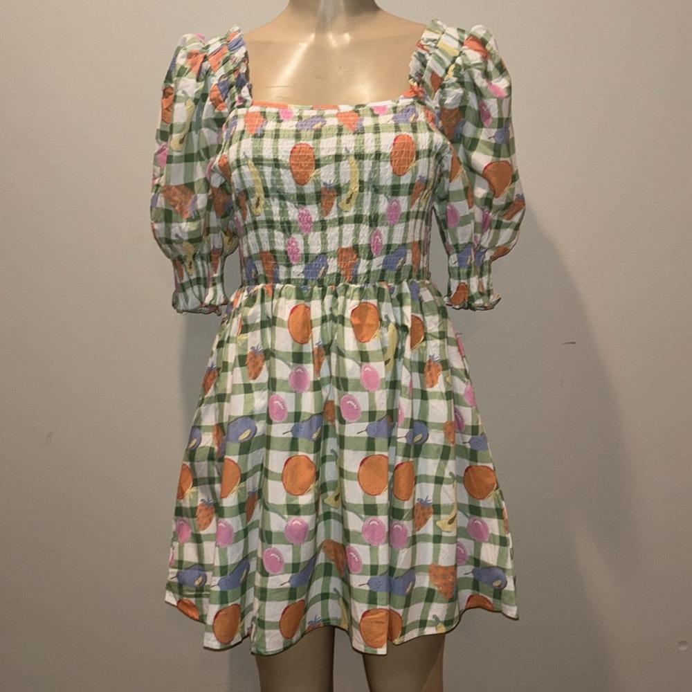 DAVI & DANI FRUITS PRINTED SMOCKING MINI DRESS size L NWT - Picture 7 of 9
